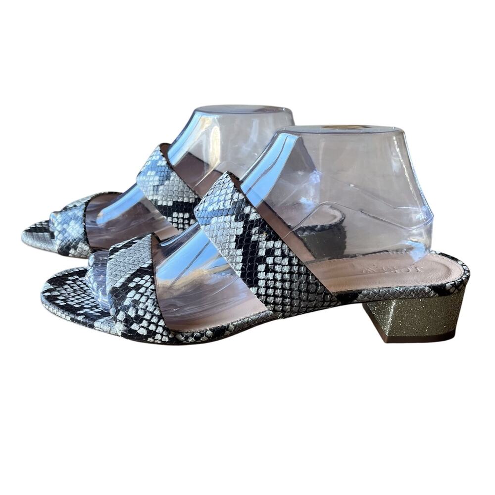 J. Crew Size 10.5 Gold Glitter Block Heels Snake Print Leather Double Strap